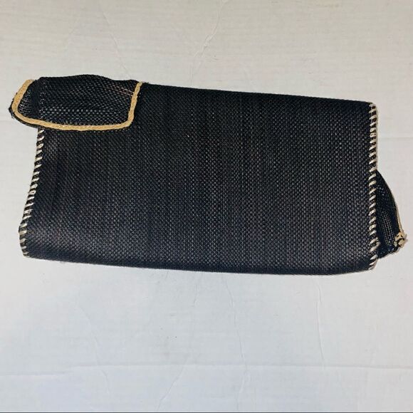 Woven Ruffle Clutch Black Straw Evening Bag Party Purse - Picture 10 of 10